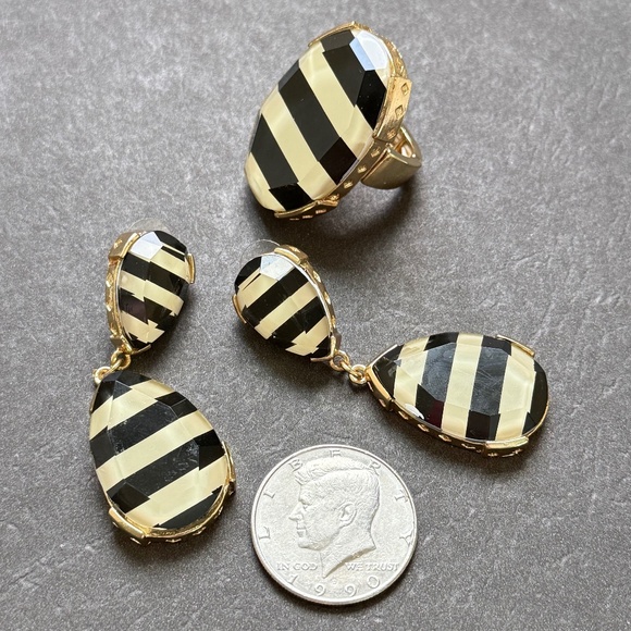 Set of Designer Striped Lucite Dangle Earrings and Stretch Ring Ivory Black (8)